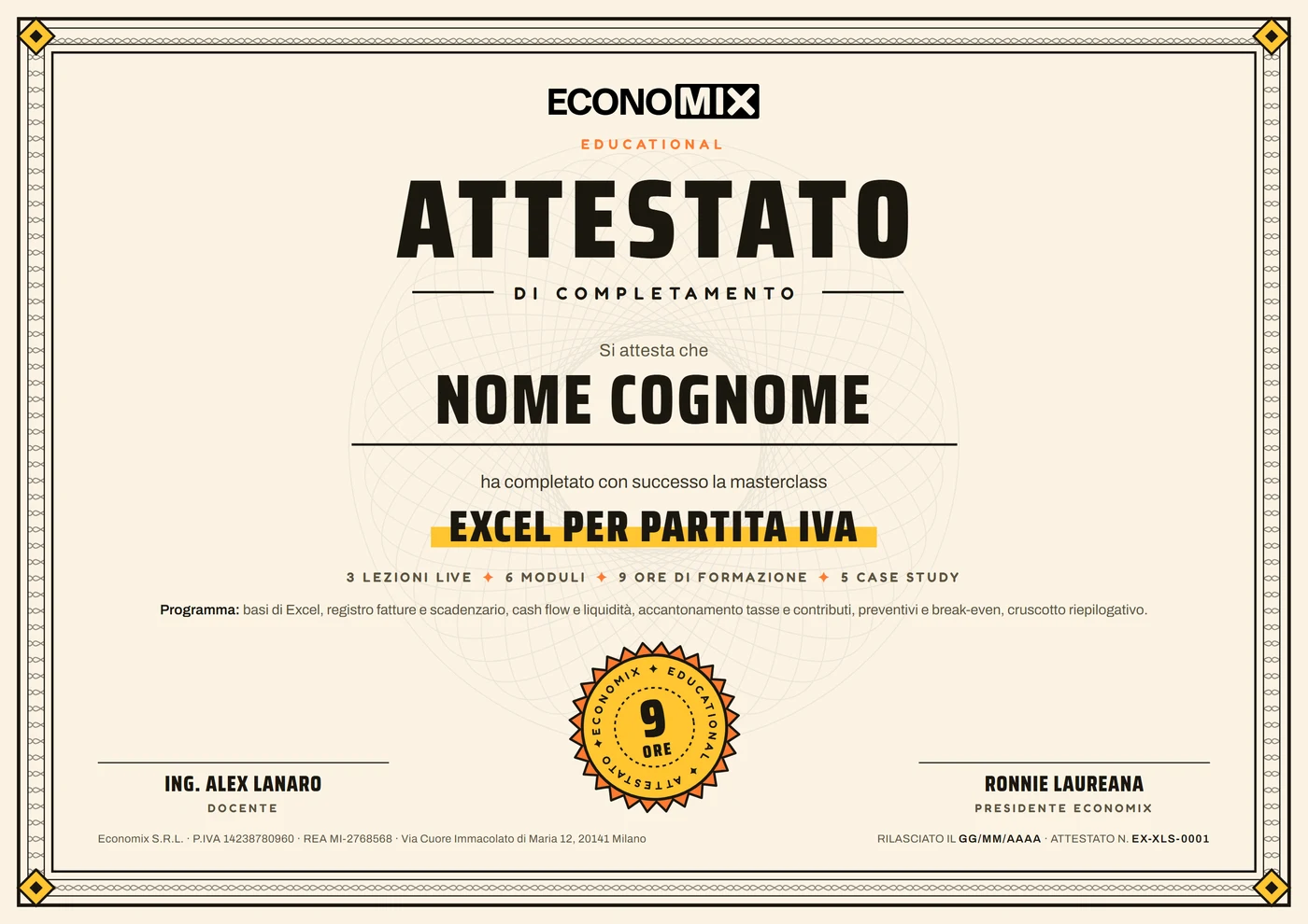 Anteprima dell'attestato di completamento della masterclass Excel per Partita IVA