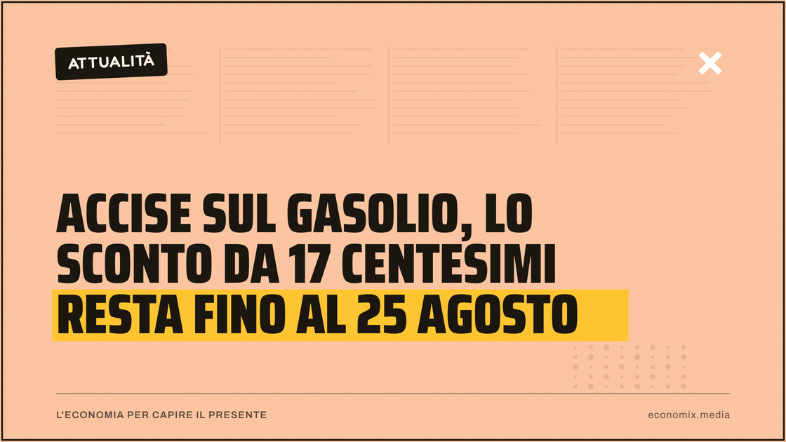 Accise sul gasolio, lo sconto da 17 centesimi resta fino al 25 agosto: immagine in evidenza per Economix