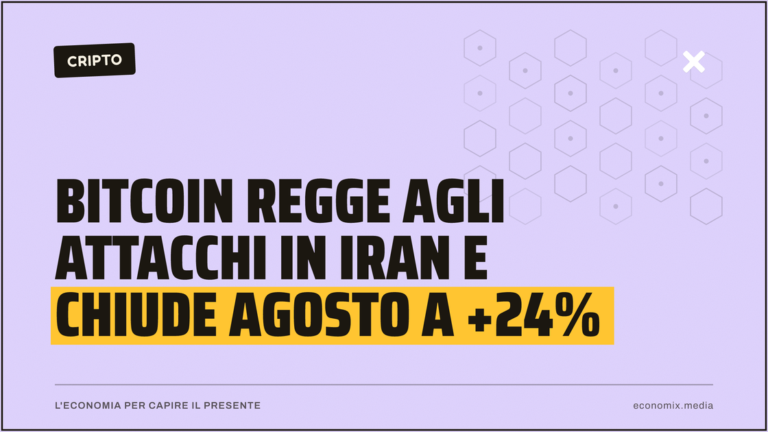 Bitcoin regge agli attacchi in Iran e chiude agosto a +24%: immagine in evidenza per Economix