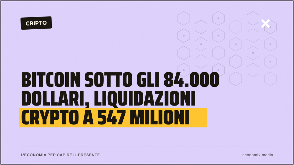 Bitcoin sotto gli 84.000 dollari, liquidazioni crypto a 547 milioni: immagine in evidenza per Economix