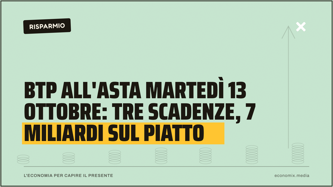 Btp all'asta martedì 13 ottobre: tre scadenze, 7 miliardi sul piatto: immagine in evidenza per Economix