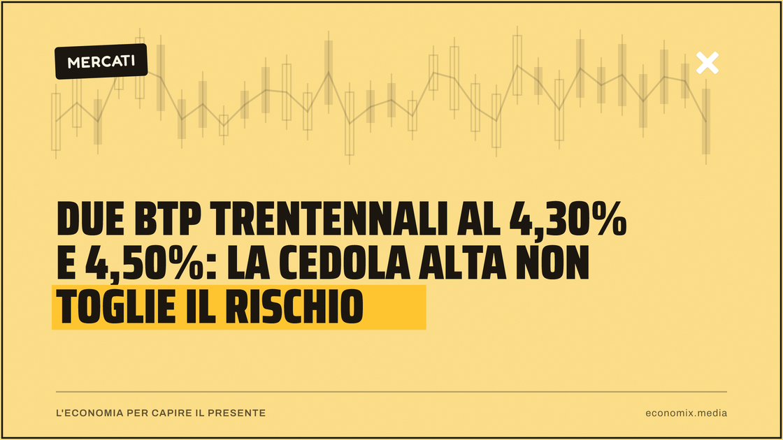 Due BTP trentennali al 4,30% e 4,50%: la cedola alta non toglie il rischio: immagine in evidenza per Economix